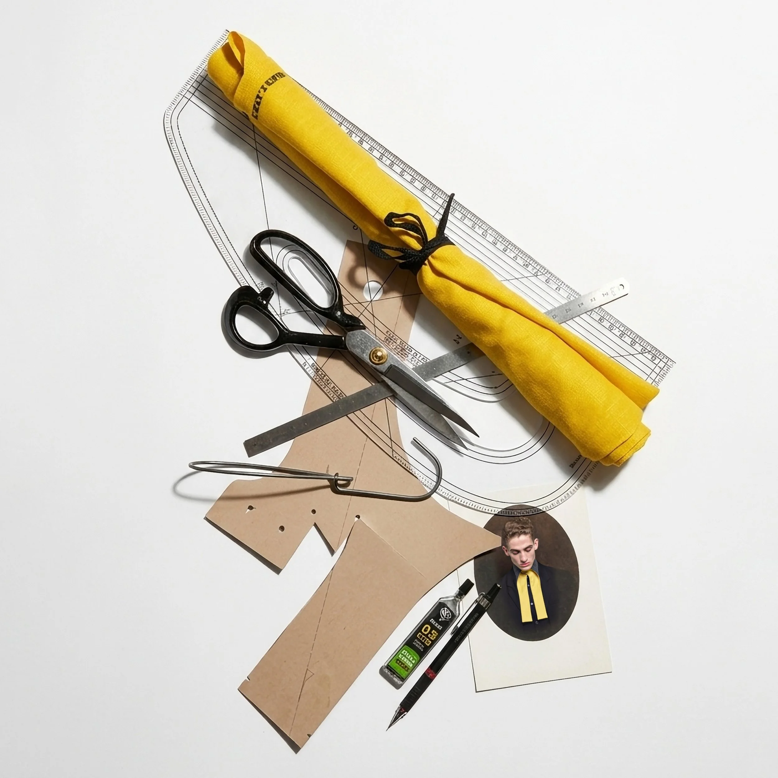 A collection of crafting and drawing tools on a white surface includes a yellow fabric roll-up, a metal straightedge, a pair of scissors, pens, and a portrait of a young man wearing a black jacket and yellow shirt, with various papers and a ruler.