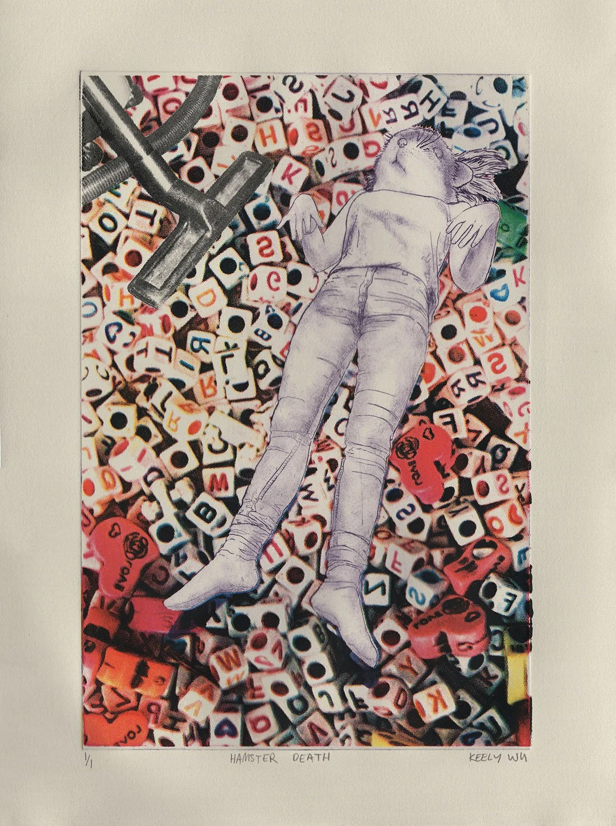 Hamster Death, Drypoint Etching and Screenprint, 11x15", 2026