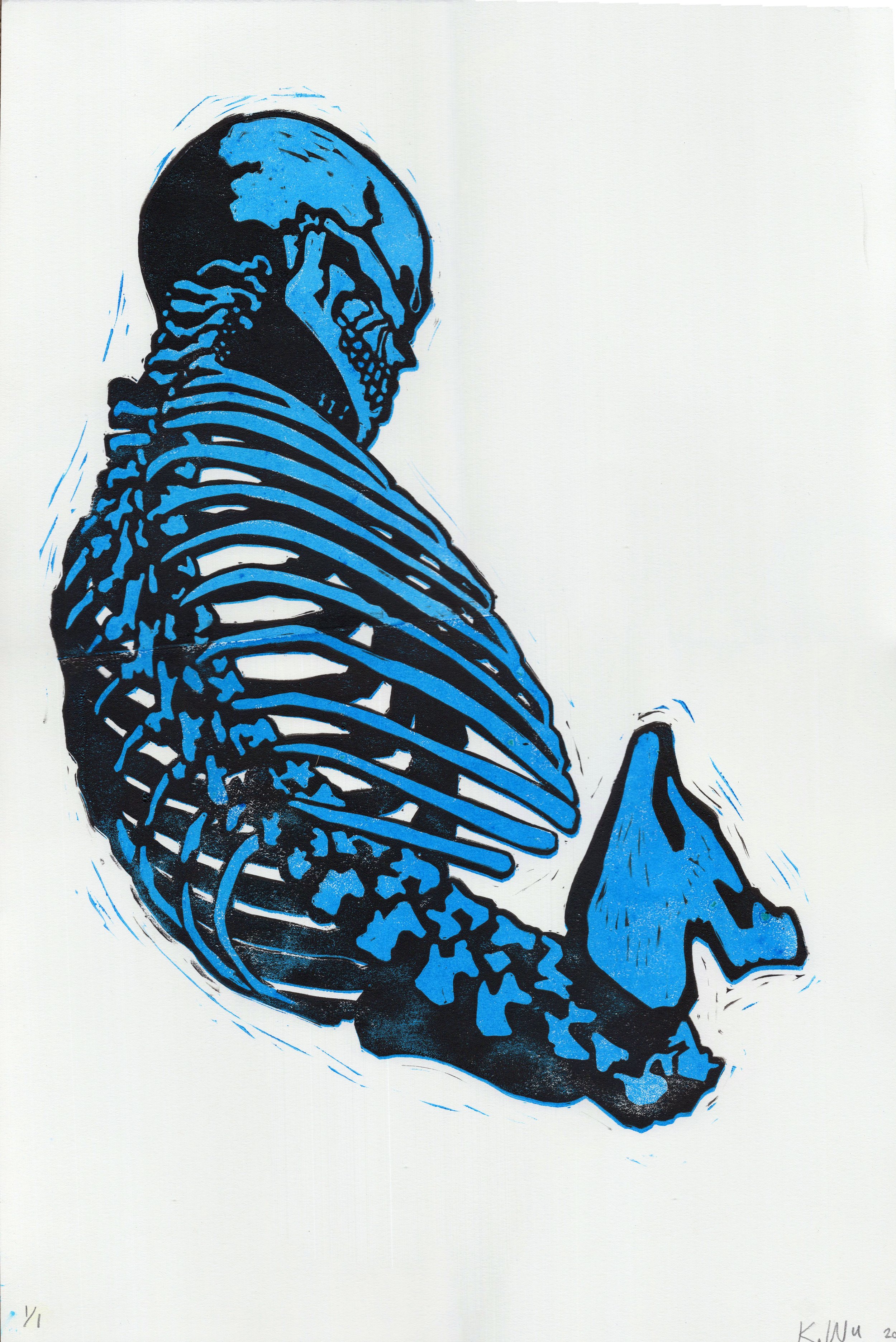 "Blue Skeleton", 16x22.5", Block print on Paper