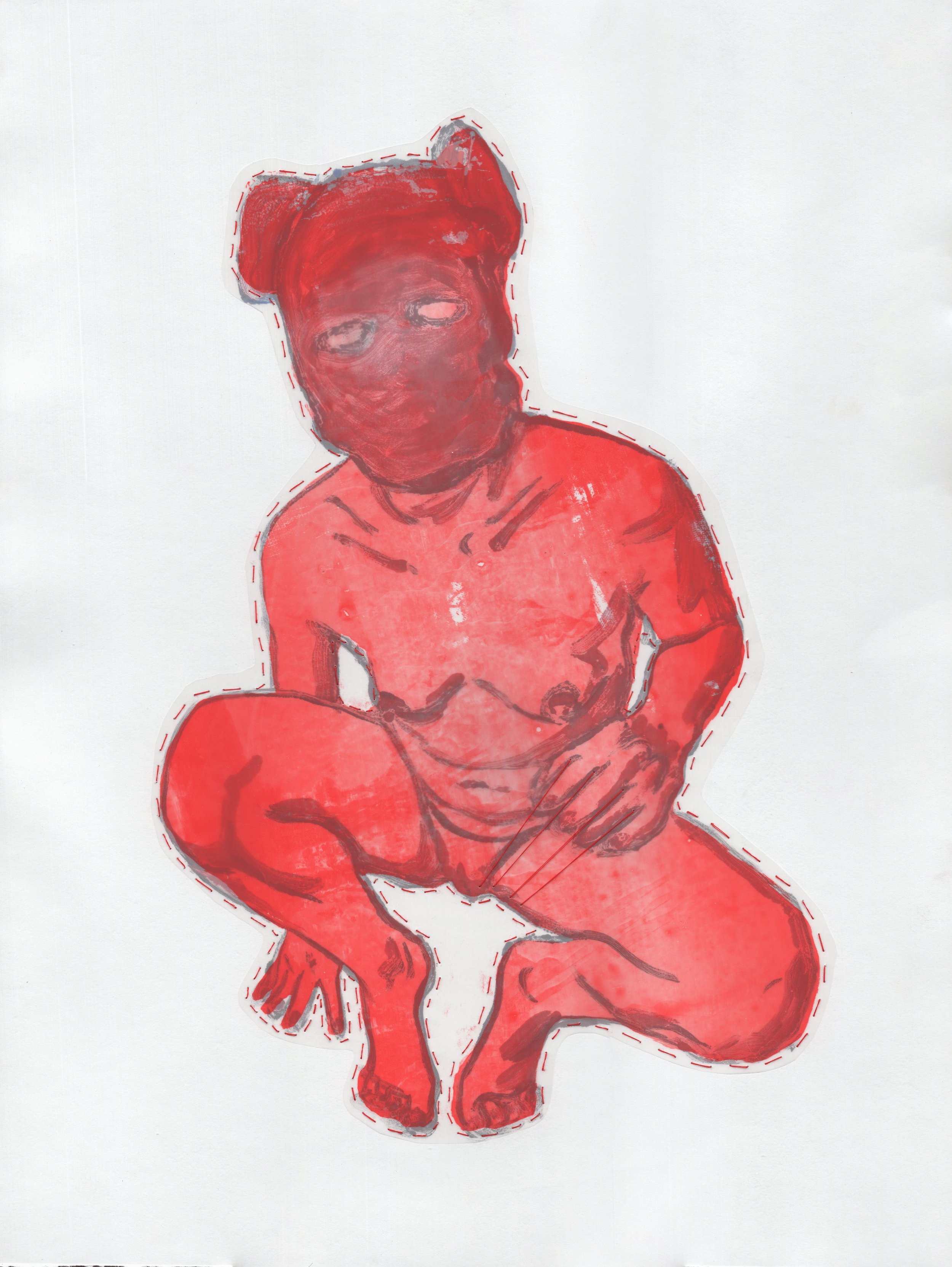 "Red Crouching", 18x24", Monoprint, Screenprint, Thread, and Mylar on Paper