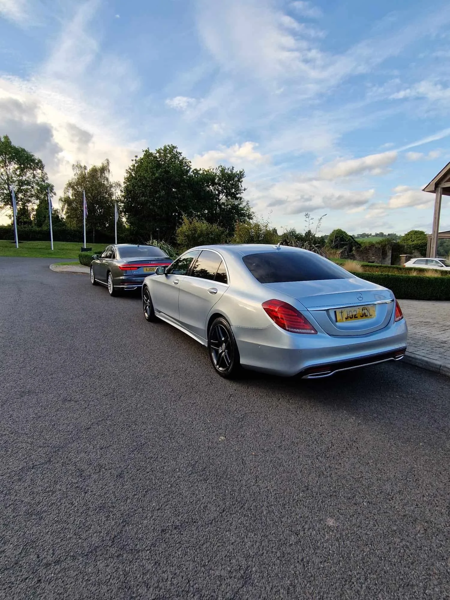 A silver Mercedes van and a white car are parked in front of a brick building with a closed gray roller door.