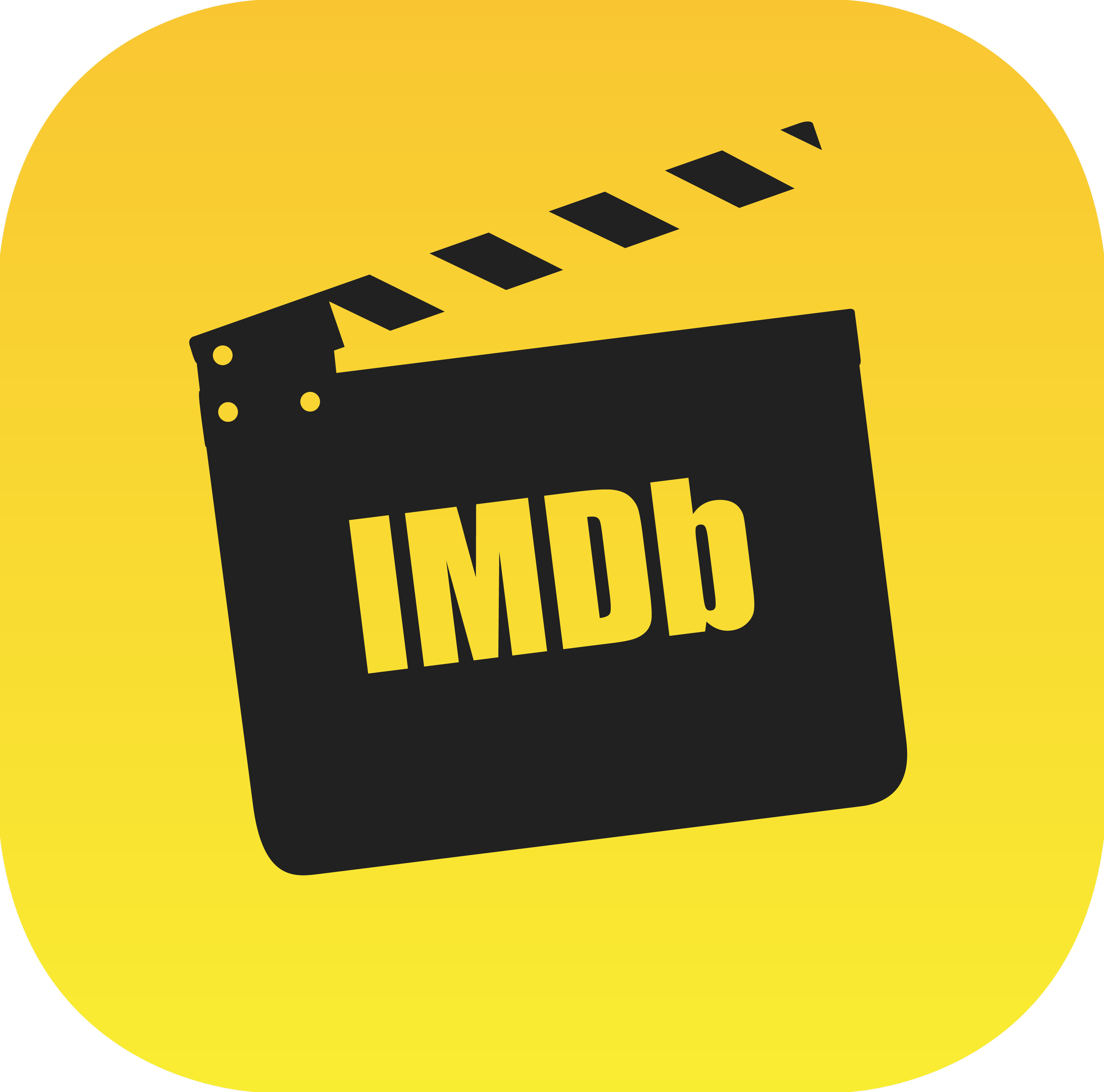 Icon representing IMDb, with a film clapperboard and yellow background.
