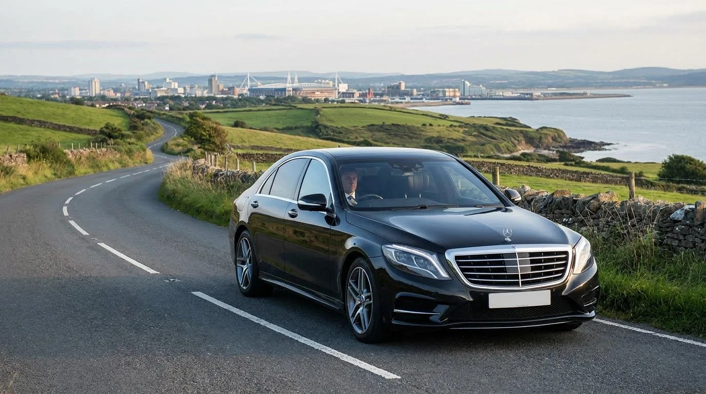 a black mercedes s class driving on a road with the city of cardiff in the backround