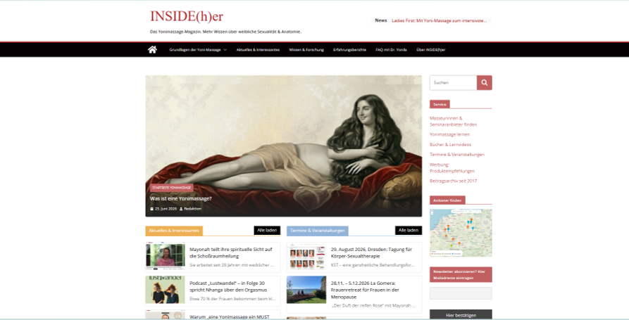 Screenshot von der Seite "INSIDE(h)er - Das Yonimassage Magazin mit Bild und Text