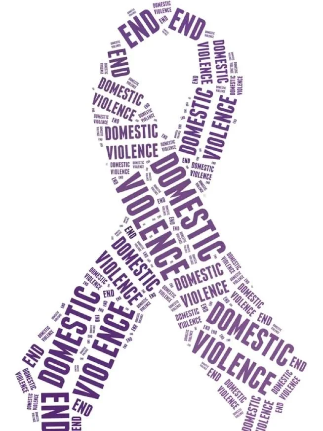 A purple awareness ribbon made up of repeated words 'Domestic Violence End' and 'Domestic Violence'.