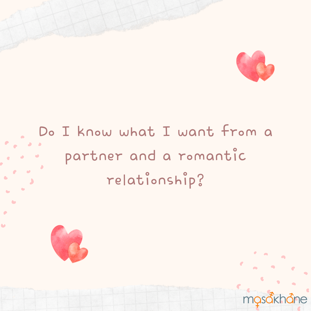  Do I know what I want from a partner and a romantic relationship?  On the top left are two pink-red hearts. The bottom right has another set of pink-red hearts. 