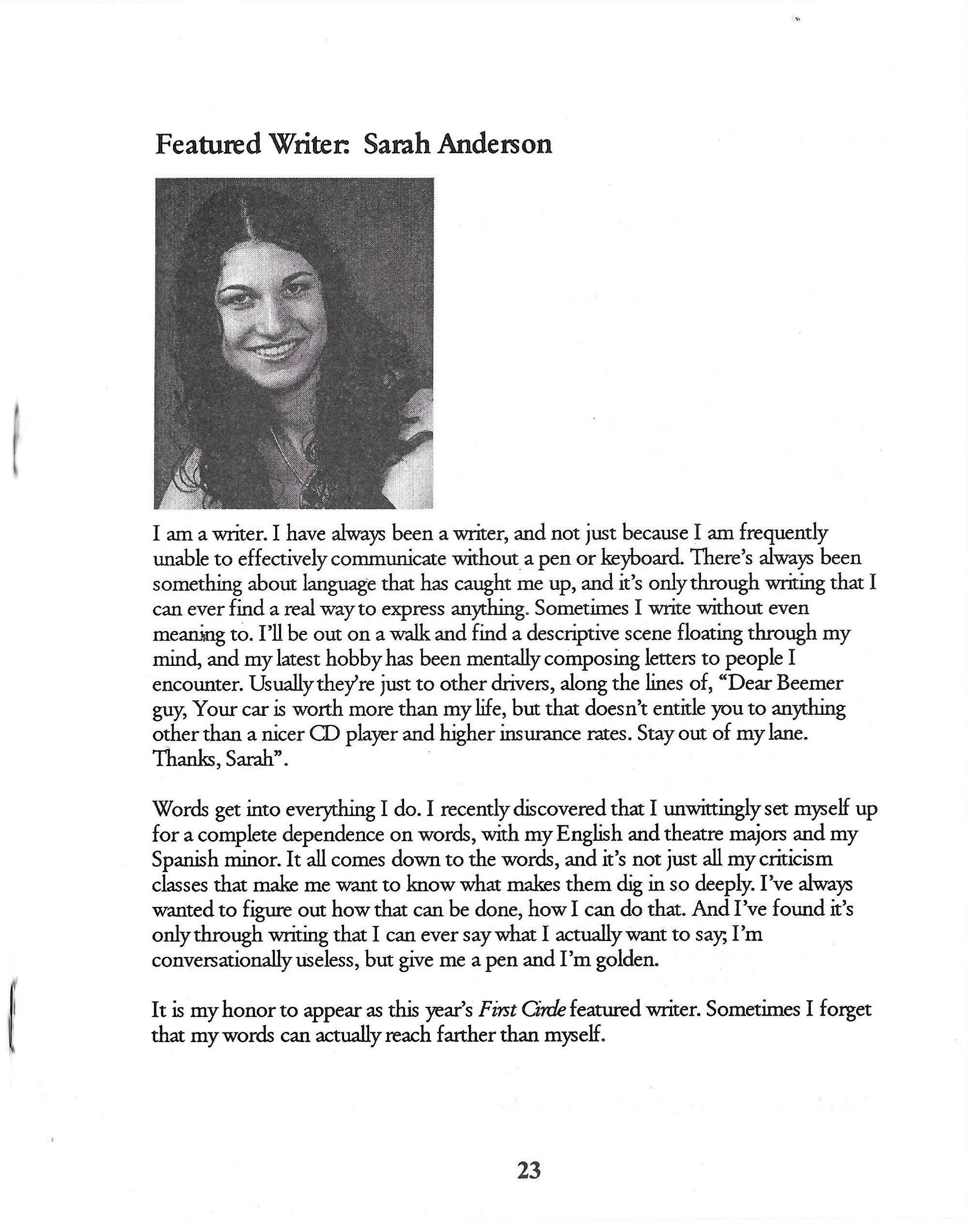Featured Writer: Sarah Anderson (now Goehrke)