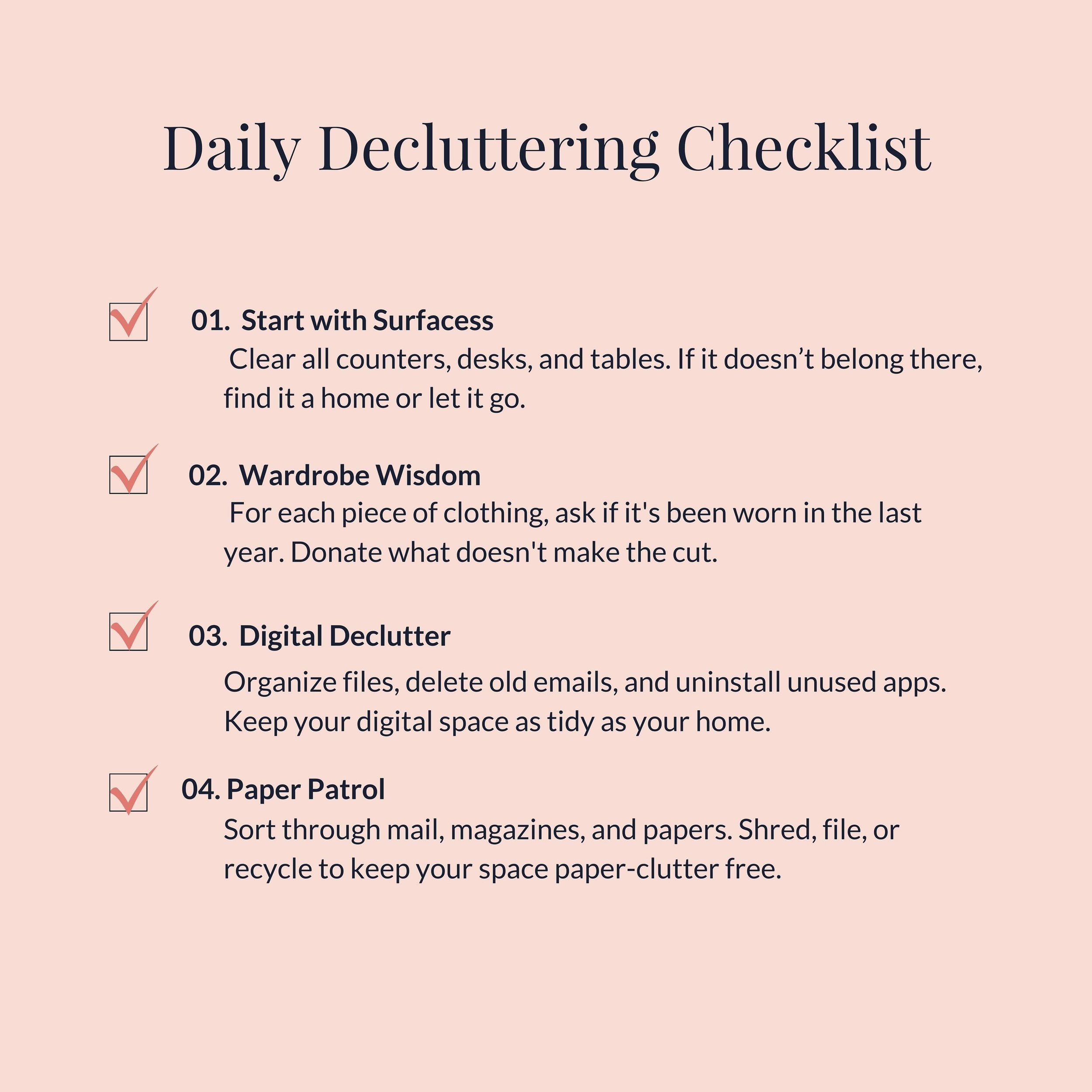 Embrace the simple joys of an uncluttered life with our daily must-dos. It&rsquo;s all about creating a space that breathes well-being and style into every corner of your home. 🌿💼

1️⃣ First thing&rsquo;s first, clear those surfaces! A quick mornin