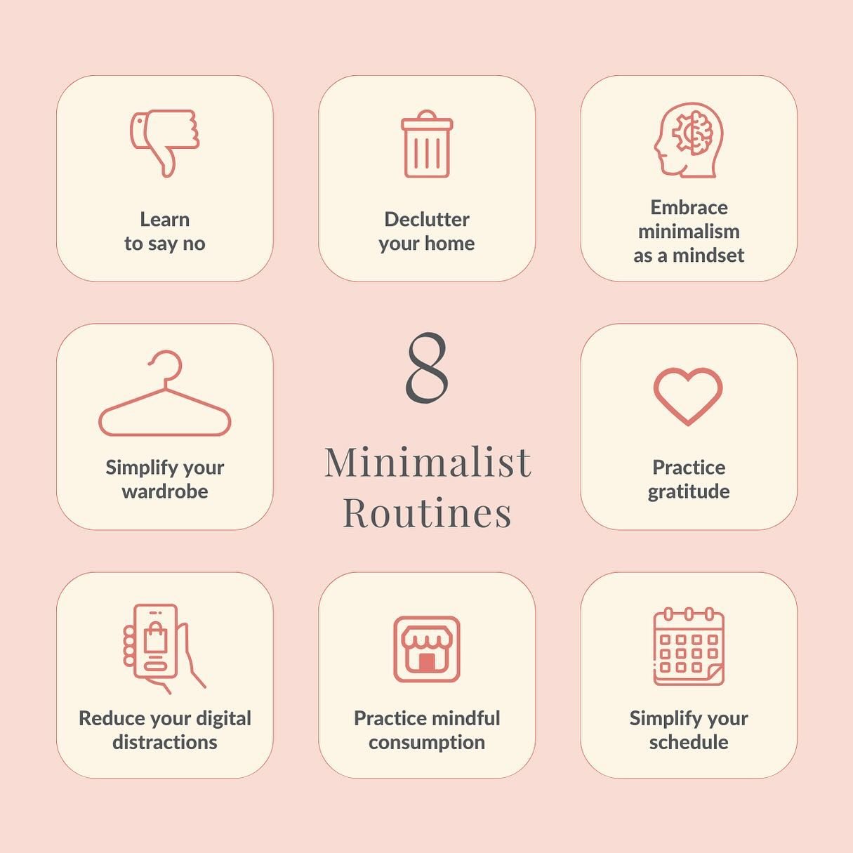 Discover the peaceful clarity of minimalist living with my essential routines: 🚫 Empower your days by learning to say no, setting healthy boundaries for a balanced life.
🏠 Transform your space with the serenity of a decluttered home, creating a hav