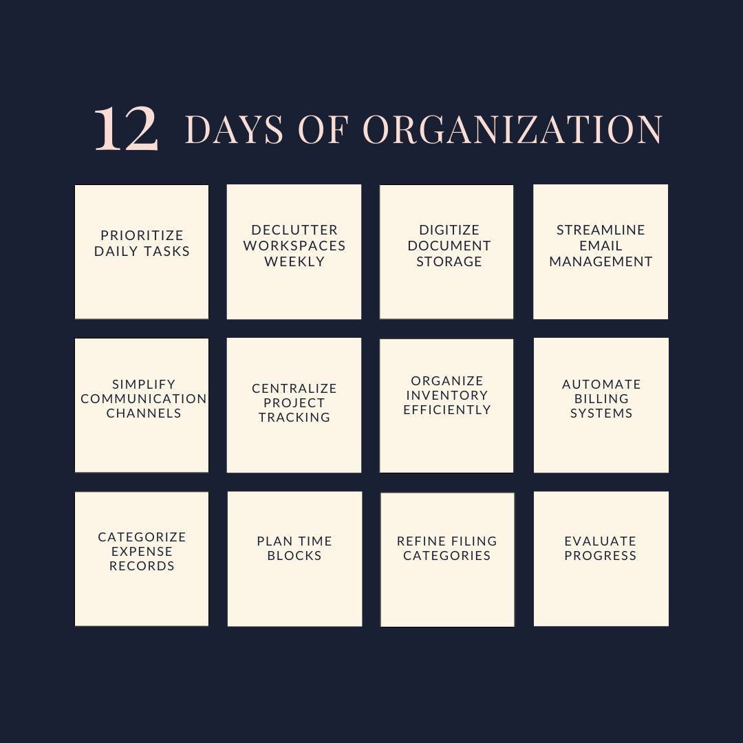 Unlock a more organized life with our 12 Days of Organization! 🌟 From decluttering workspaces to digitizing documents, we cover all the essentials to streamline your routine. Dive into our step-by-step guide and transform your daily productivity. Le