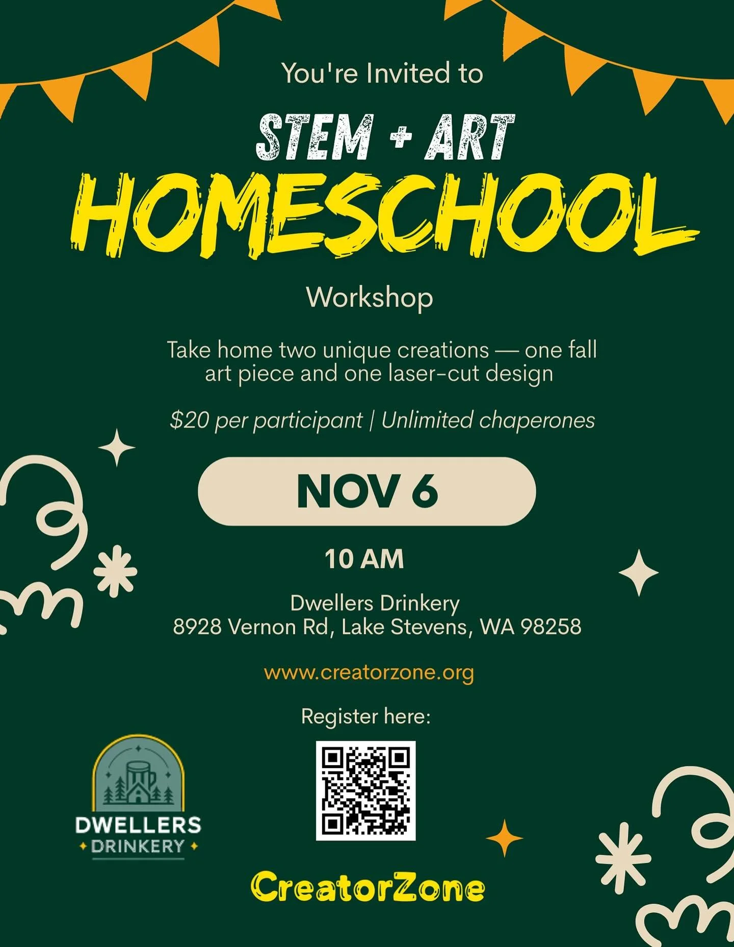 STEM+ART HOMESCHOOL WORKSHOP WITH CREATORZONE

10:00 AM  11:00 AM

You&rsquo;re invited to Stem + Art Homeschool Workshop hosted by CreatorZone at Dwellers Drinkery! Register today.