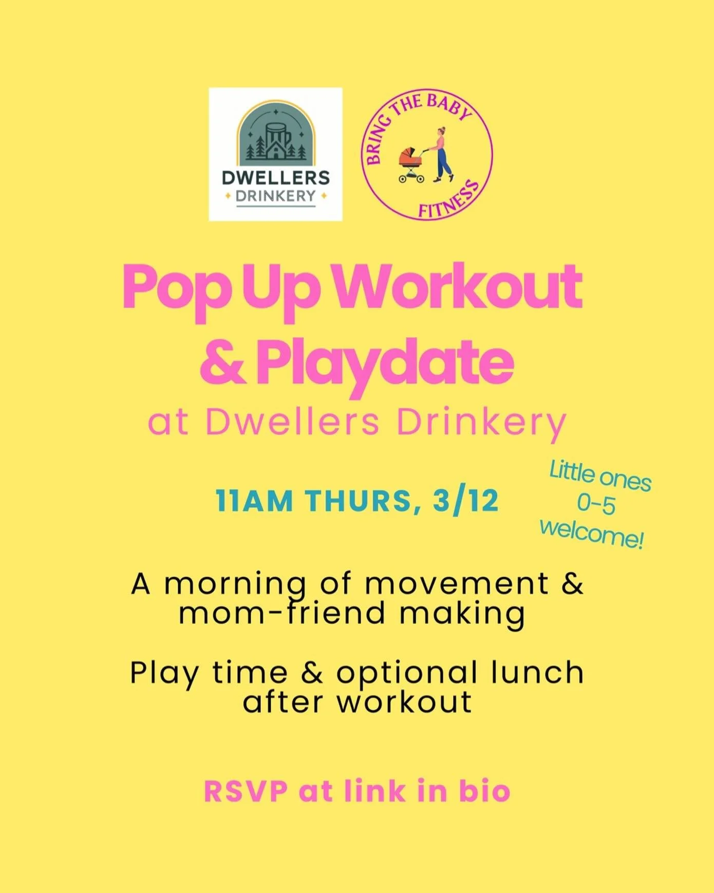 POP-UP WORKOUT + PLAYDATE WITH @bringthebabyfitness 
Get an energizing workout in
Meet other local mamas
Stick around for play time
Optional lunch after class
* 1/2 off a kids meal with purchase of an entree for attendees! *

Bring the Baby Fitness o