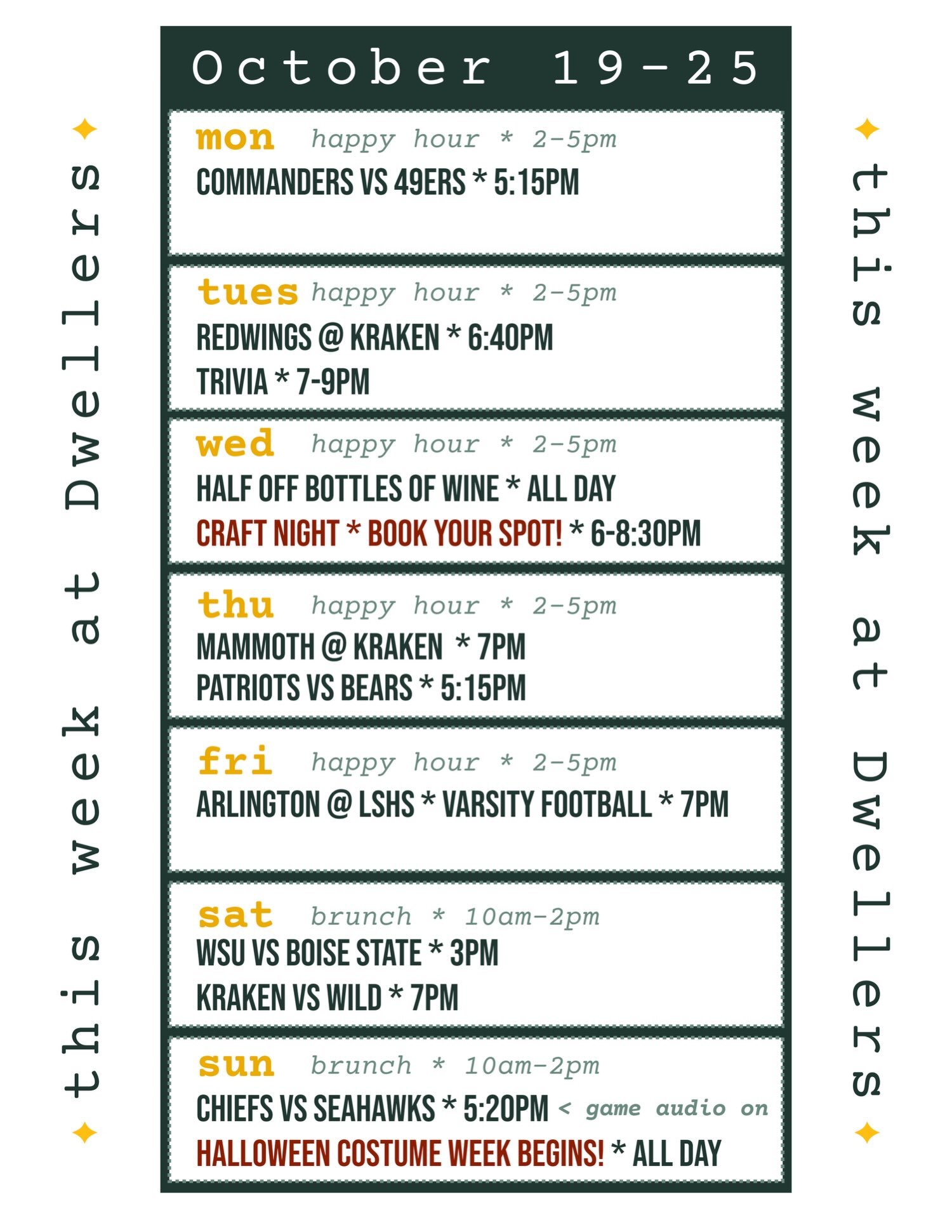 THIS WEEK AT DWELLERS

Dwellers hosts events most nights of the week. We have weekly trivia, game-day watch parties, and seasonal community events, all in our family-friendly Lake Stevens taproom.

See the full list of upcoming events at: https://www