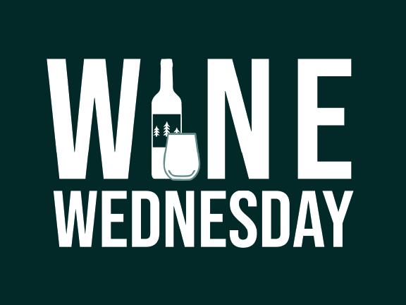 A graphic with the words 'Wine Wednesday' and a wine bottle with trees and a road inside it.