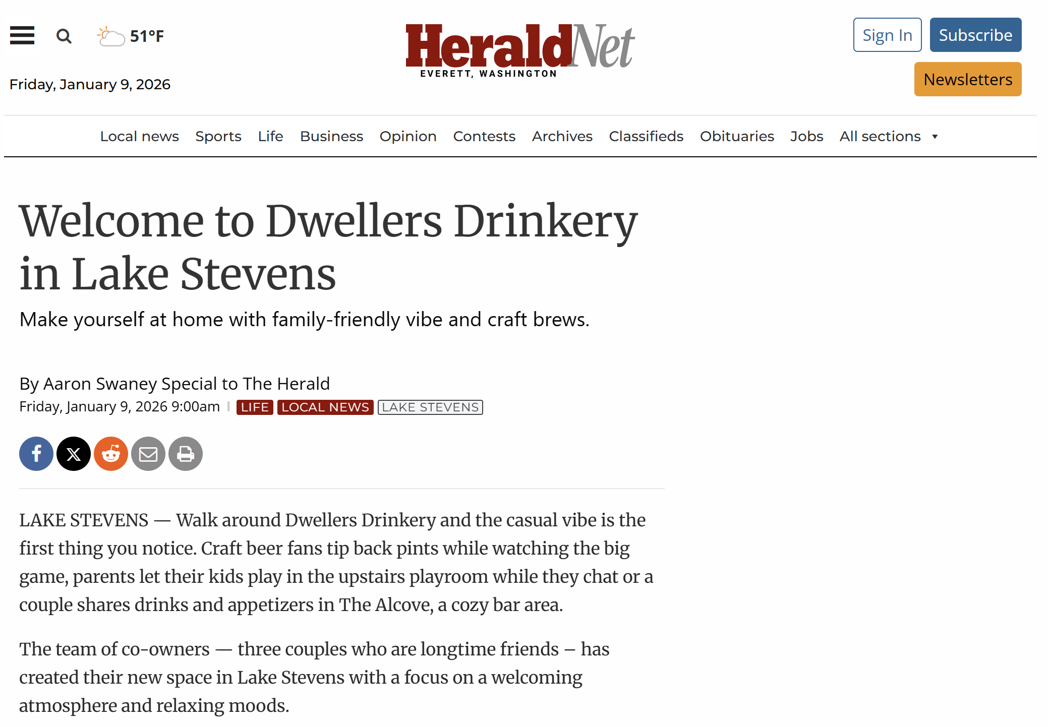 Screenshot of a web page from HeraldNet with the article titled "Welcome to Dwellers Drinkery in Lake Stevens." The page includes the date, weather, and navigation menu, with social media and print icons below the article heading.