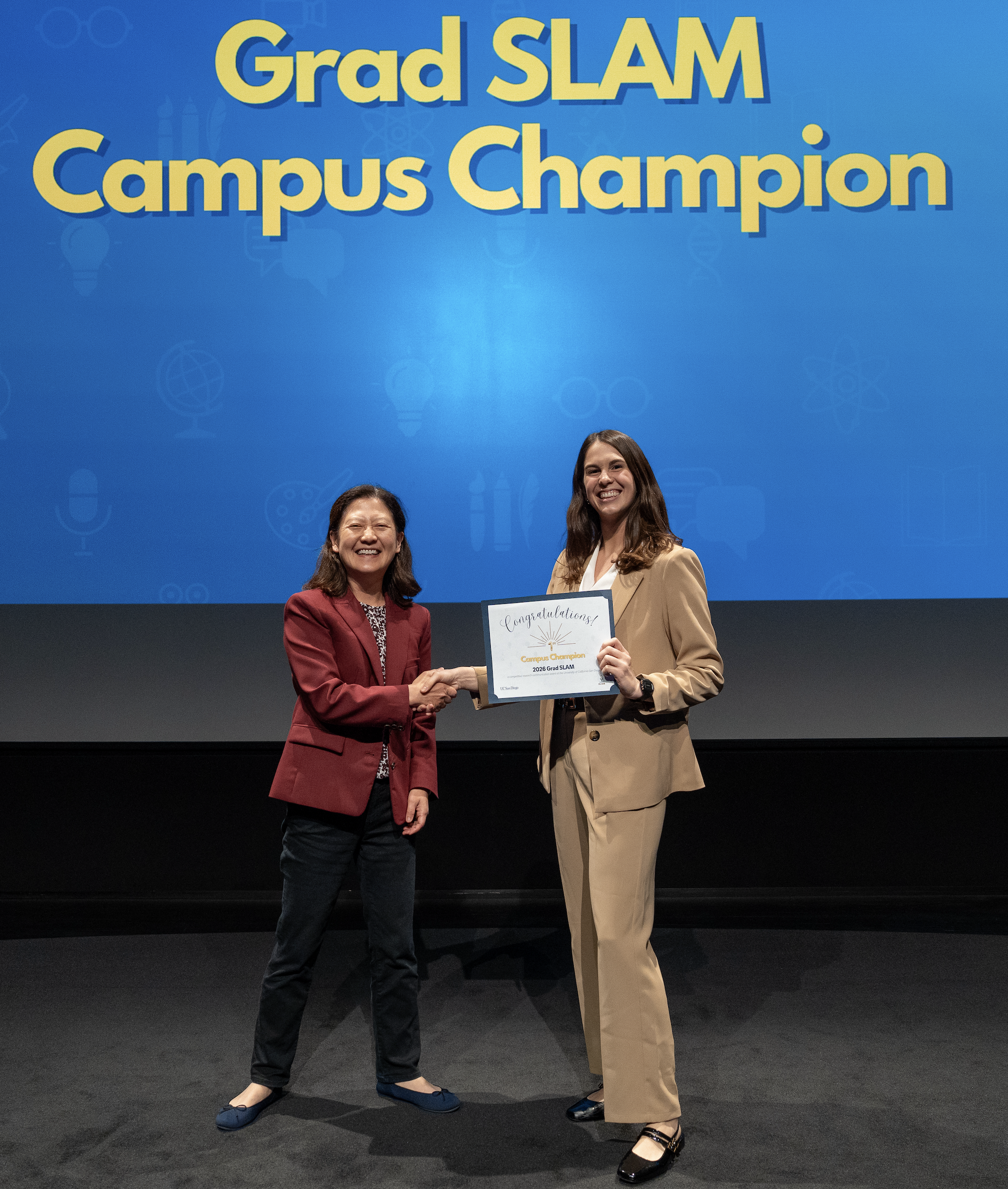 Joanna Eckhardt winning the 2026 UC San Diego's Annual Grad SLAM Competition, recognizing her outstanding research communication and presentation skills.