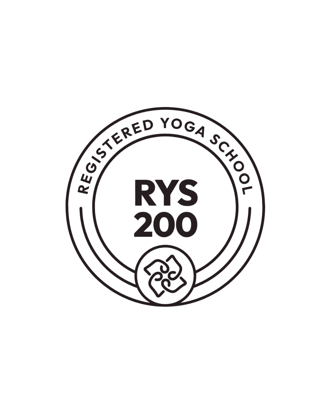 Logo with circular seal that reads 'Registered Yoga School' and 'RYS 200' in the center, with an Om symbol at the bottom.