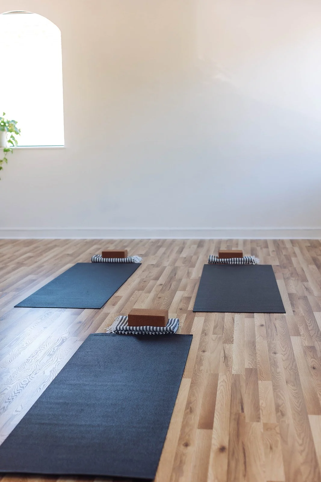 Three yoga mats with blocks and rolled towels on a wooden floor in a bright, minimal yoga studio.