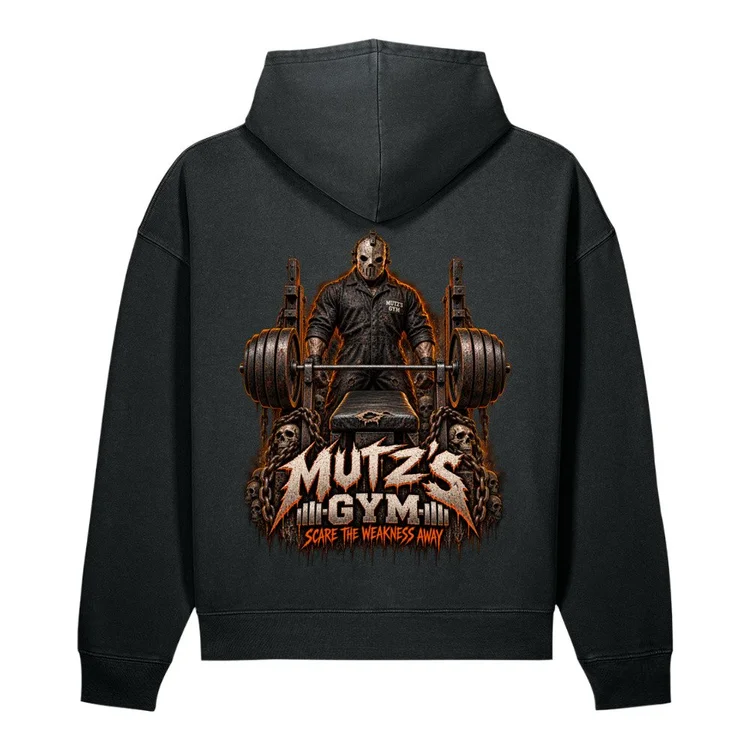 Back of The Spotter Vintage Hoodie with masked lifter, bench, chains, and skulls artwork