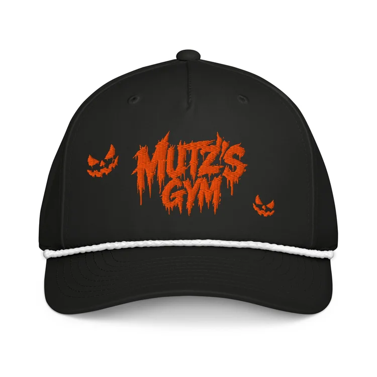 Front of Mutz's Halloween Rope Cap in black with orange Halloween Mutz’s Gym artwork