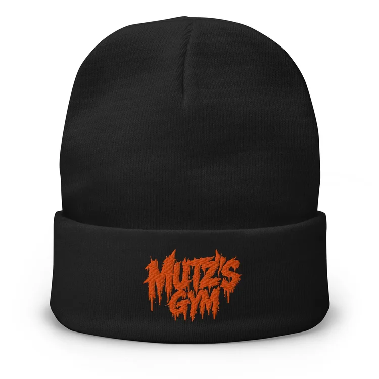 Front of Mutz's Halloween Beanie in black with orange Halloween Mutz’s Gym artwork