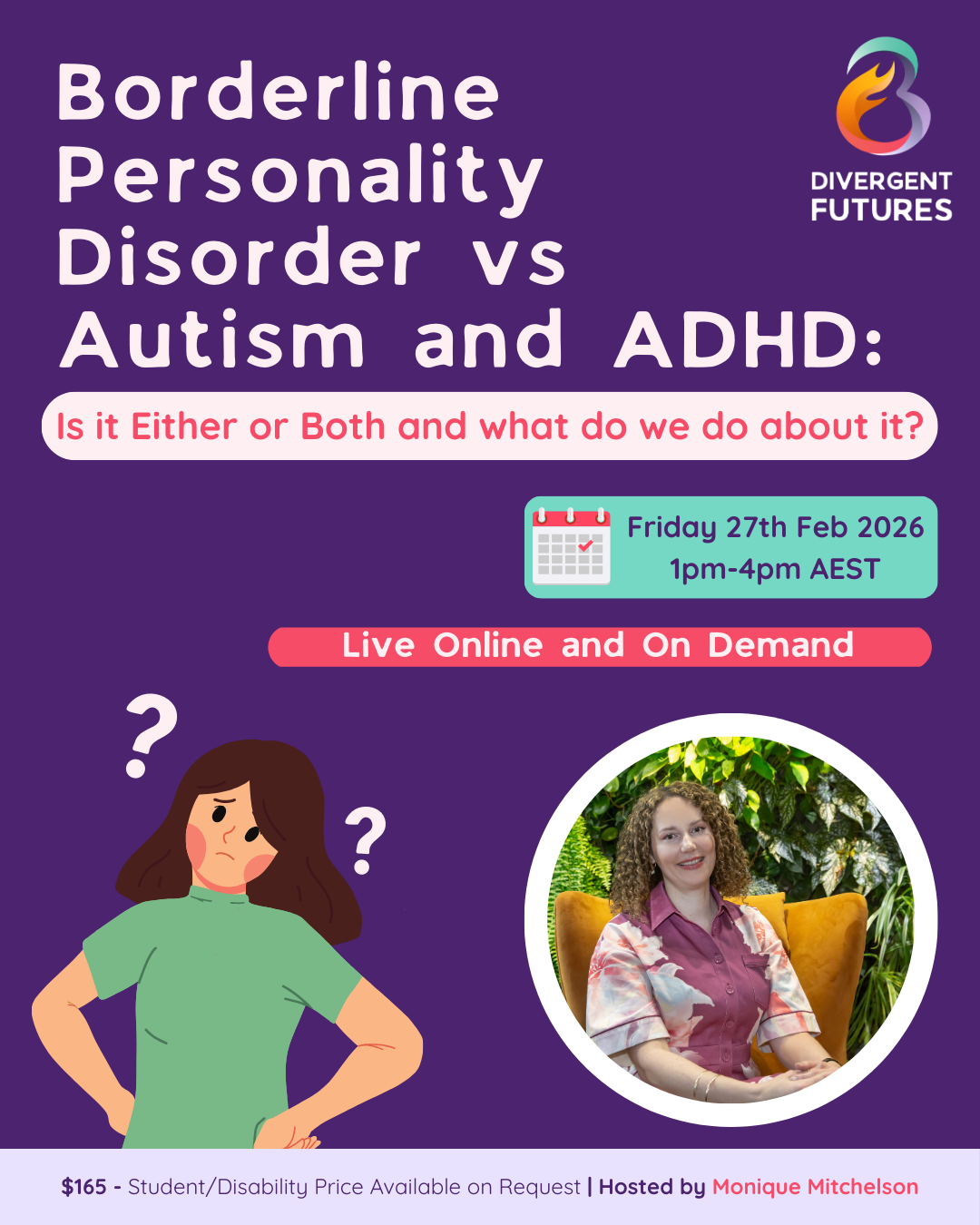Borderline Personality Disorder vs Autism & ADHD Webinar with Monique Mitchelson February 27th 2026, 1pm to 4pm AEST. Live online, $165. Student/disability pricing available