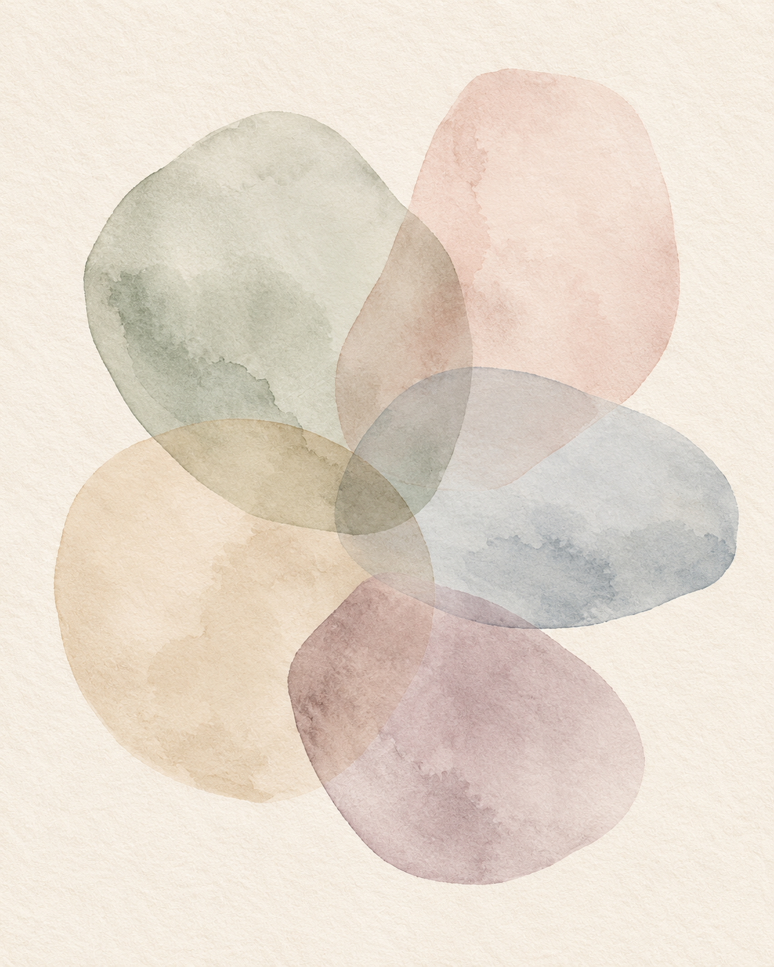 Five softly overlapping watercolor forms in the Mindful Moments palette.