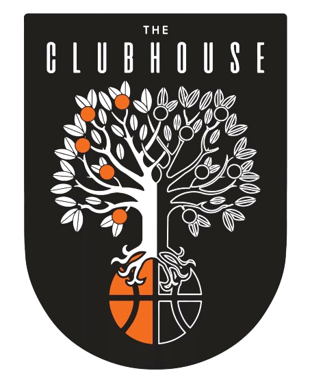 A black shield-shaped logo with the words "The Cloudhouse" at the top. The logo features a stylized tree with leaves and branches, with some orange circles on the branches. The lower part of the logo has a circular design with a cross in the middle, and a figure of a person leaning on the cross.