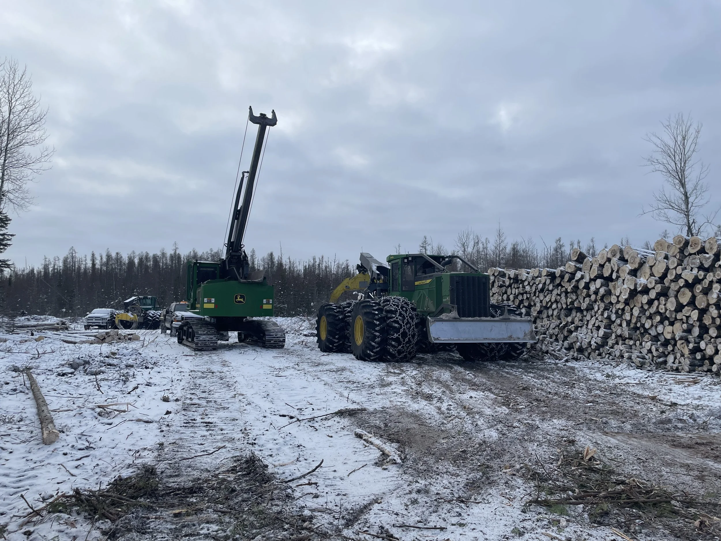 A logging site in winter with a John Deere forestry machine and a tracked excavator amid stacks of cut logs, snow-covered ground, and a cloudy sky.