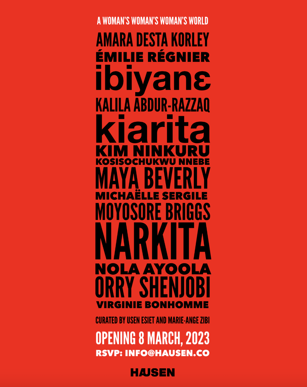 Red background poster listing women artists' names in bold black and white text, with exhibition details at the bottom.