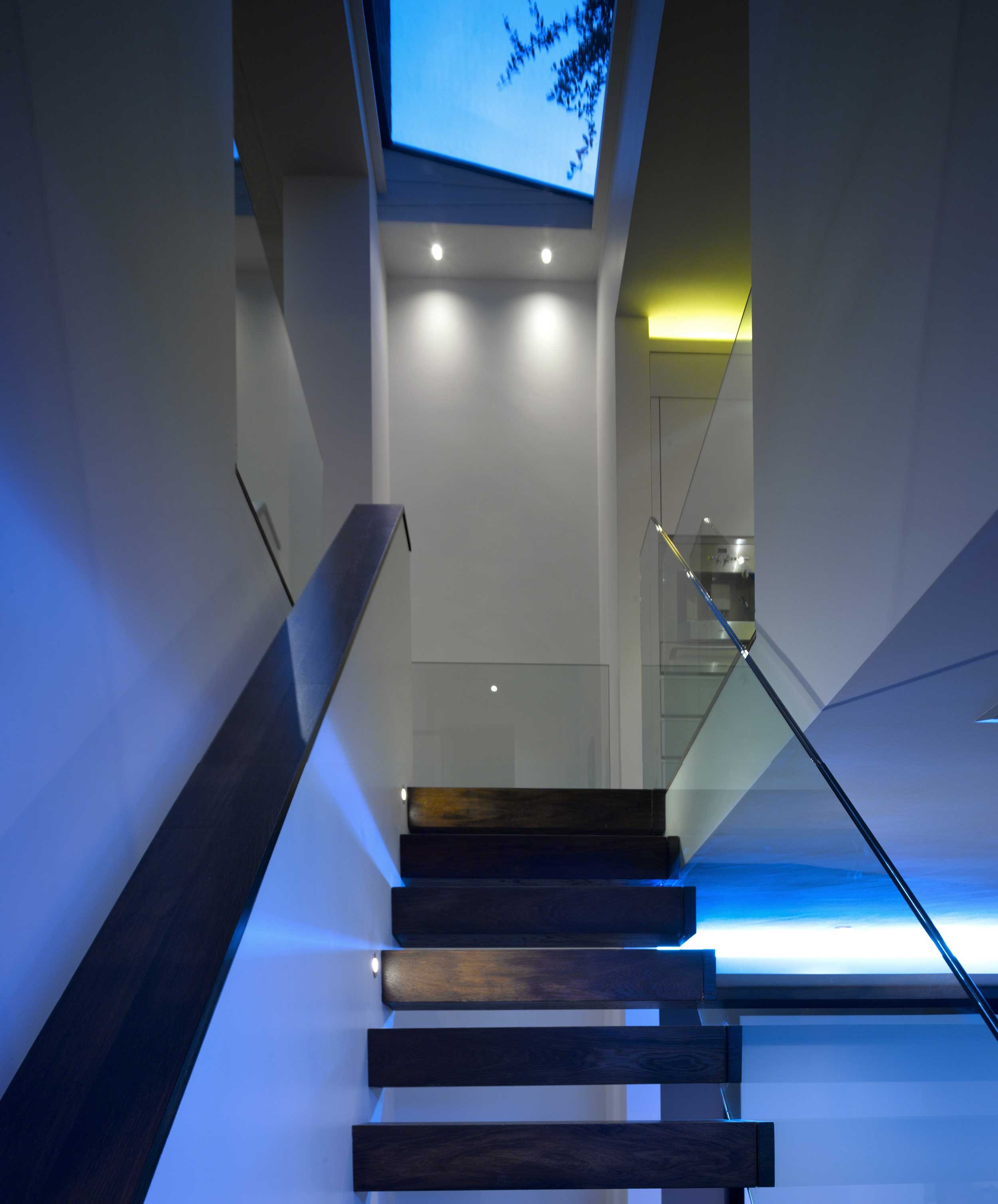 Sophisticated stairwell with floating dark wood steps and glass balustrade, illuminated by natural light from overhead skylight, highlighting modern design elements.