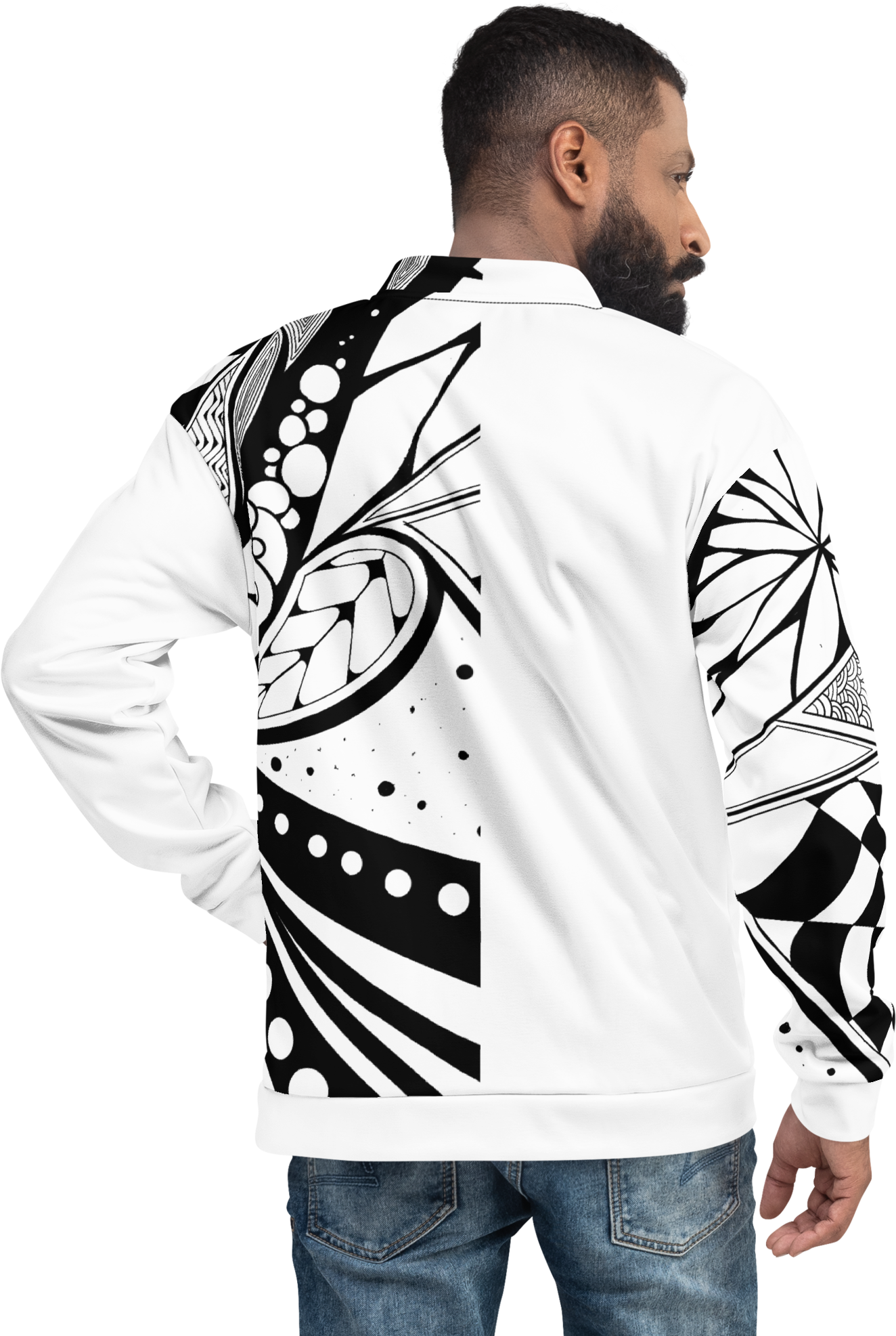 Studies in Depth 1 white bomber jacket, rear three-quarter view on model