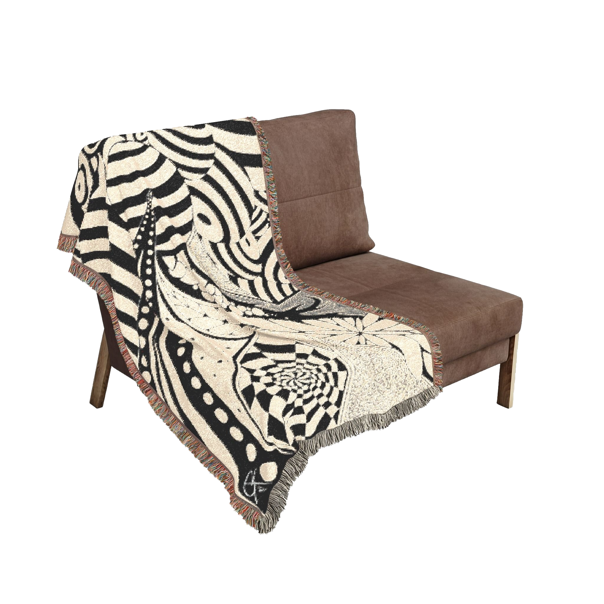 Studies in Depth woven blanket draped over a chair, existing shop mockup with the backdrop removed.