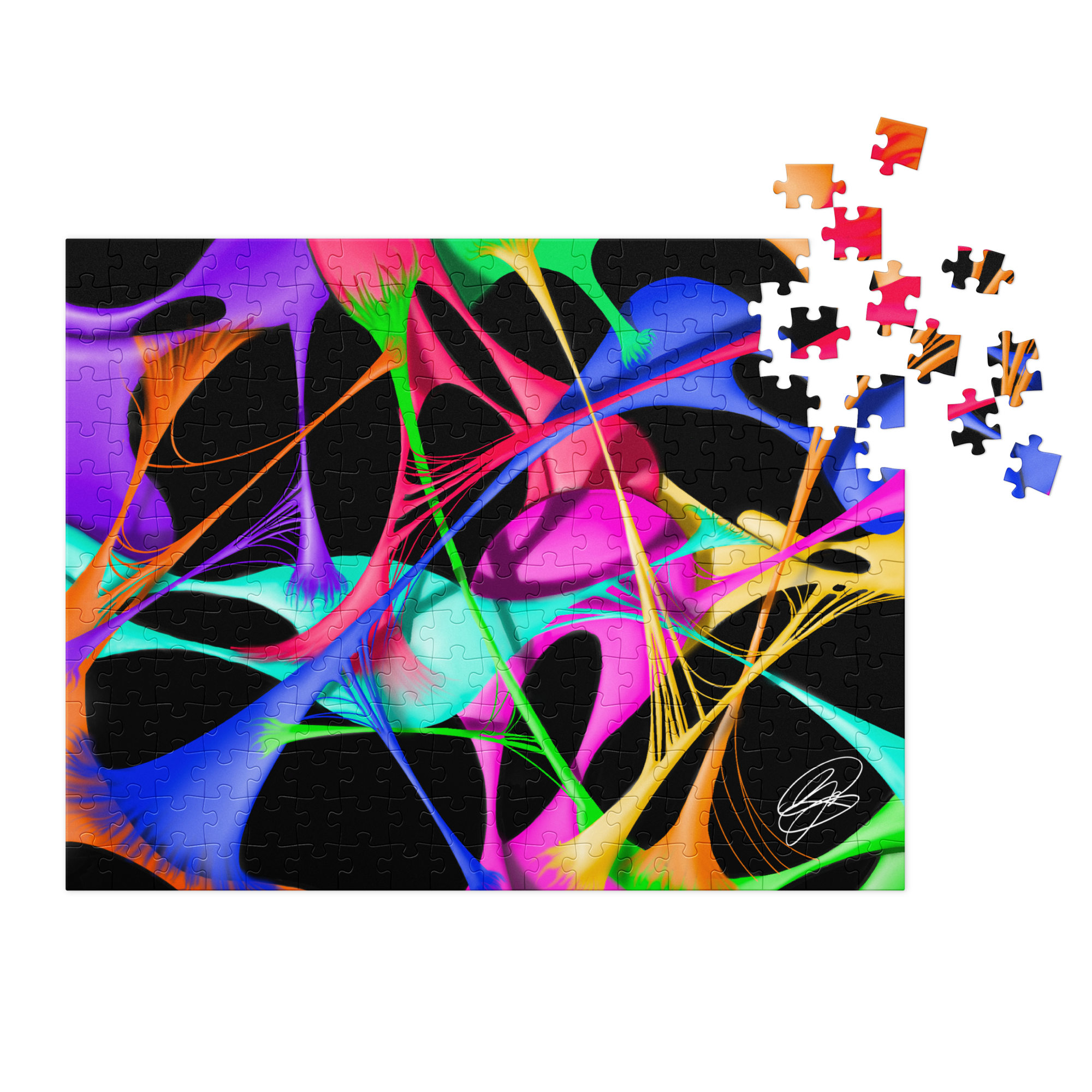 Connections puzzle with neon abstract artwork and loose puzzle pieces, existing shop mockup.