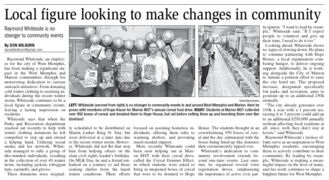 Group of six people standing indoors in front of a festive backdrop with balloons, holding cereal boxes; a woman and a man looking at a table with cereal boxes in a corridor lined with chairs and tables.