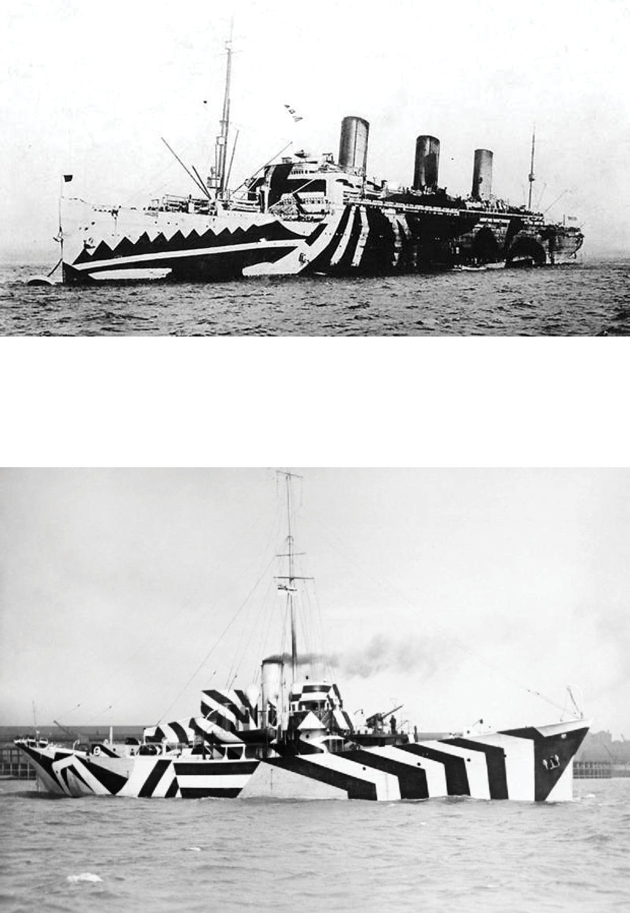 Inspiration for the piece was drawn from dazzle camouflage. Dazzle camouflage was a naval painting technique used extensively in the World War I era. Ships were painted with a variety of geometric shapes and lines, intersecting each other and conti