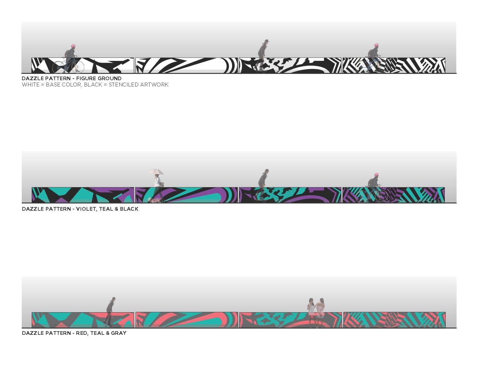 Further tests showing a tessellation of the patterns. One barrier flows into the next, heightening the sense of motion for passerbys on the trail.