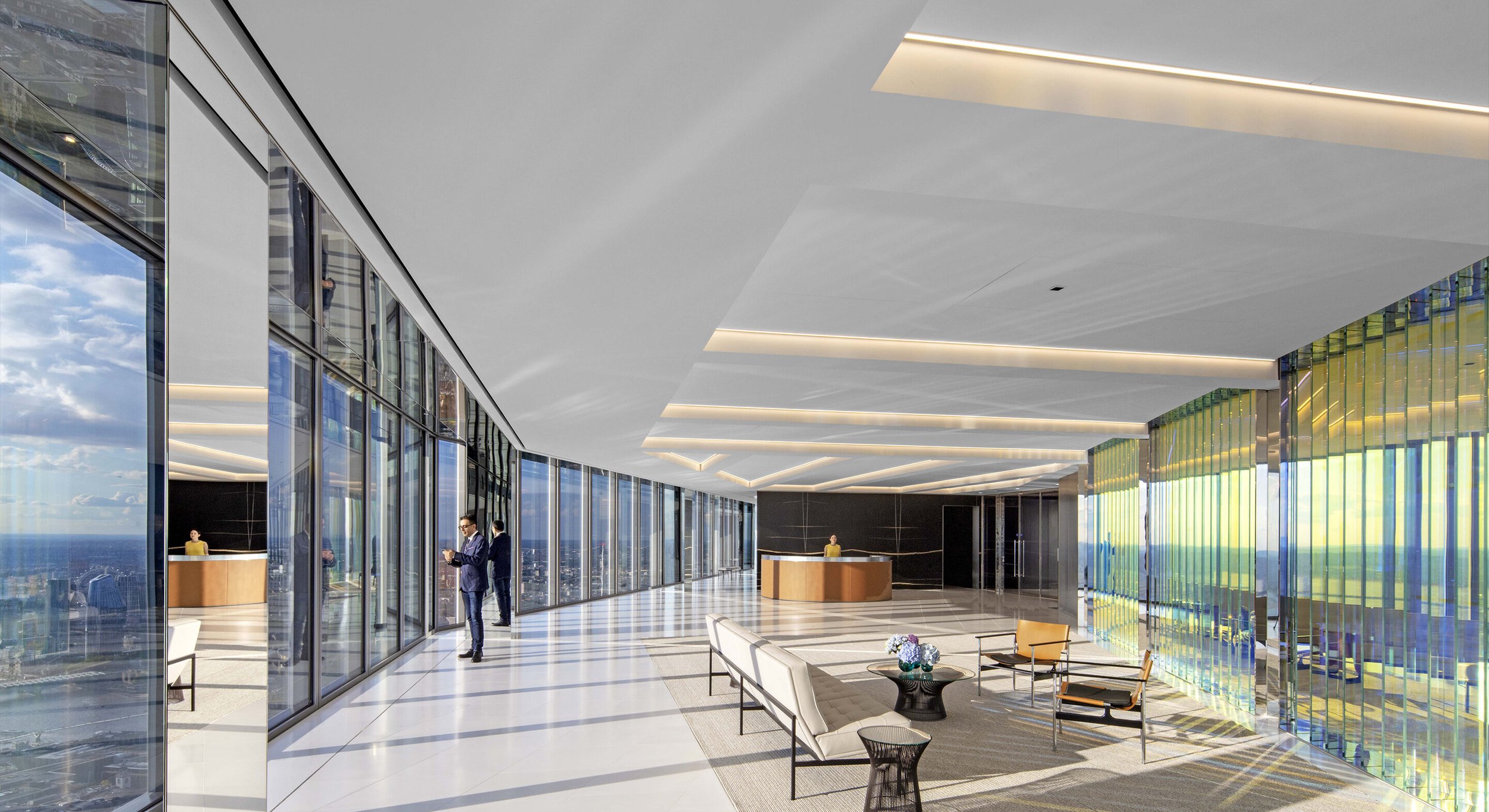 Ceilings in the reception space were developed to be as clean as possible, with few exposed elements. The ceiling steps to the sky at the perimeter, inviting guests gaze at the city below.
