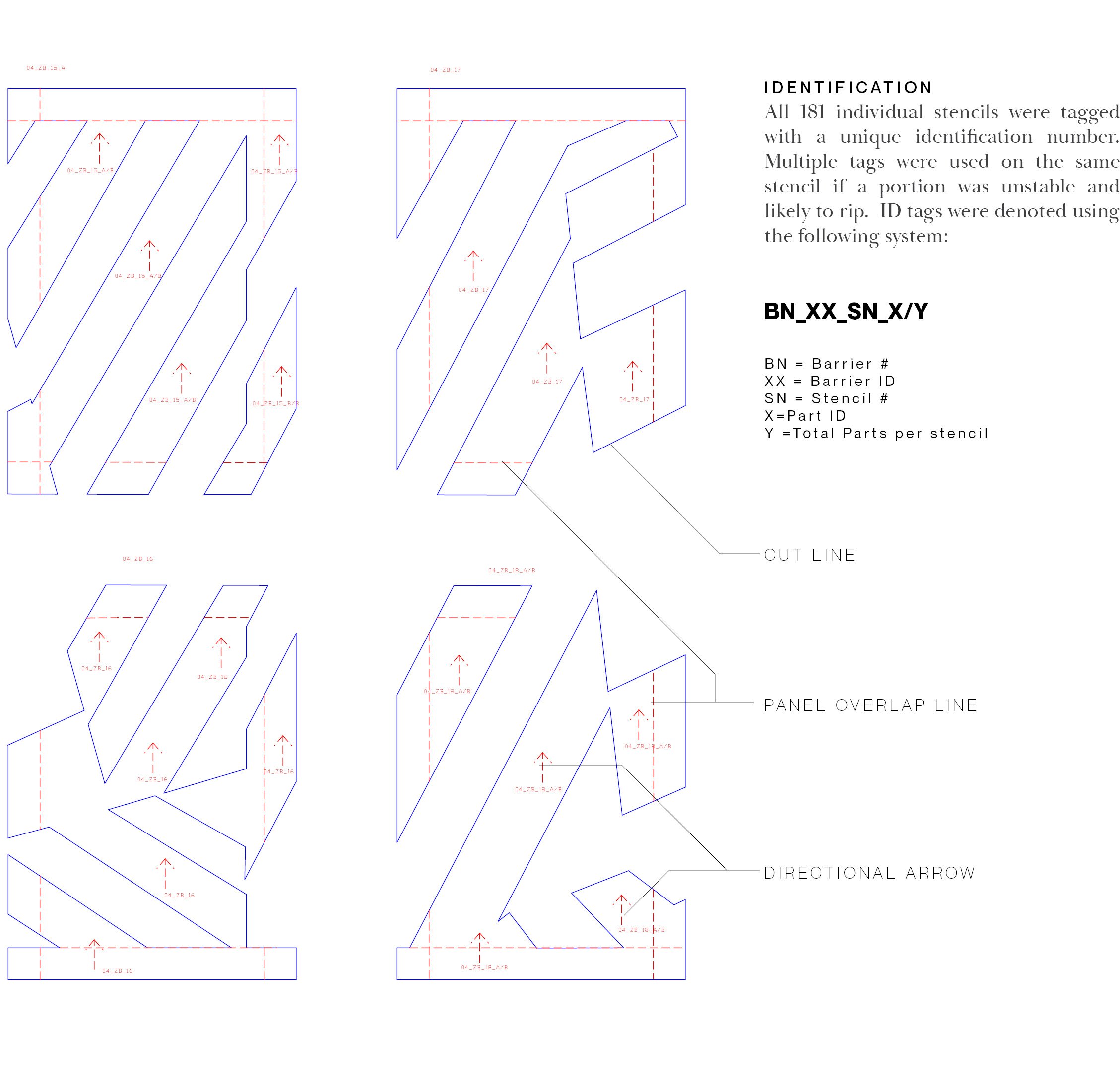 The quick time-line of the project compounded with a project team spread across three states necessitated a quick and simple fabrication method for the project. Laser cutting was selected to allow for both cutting and tagging the stencils in one pro