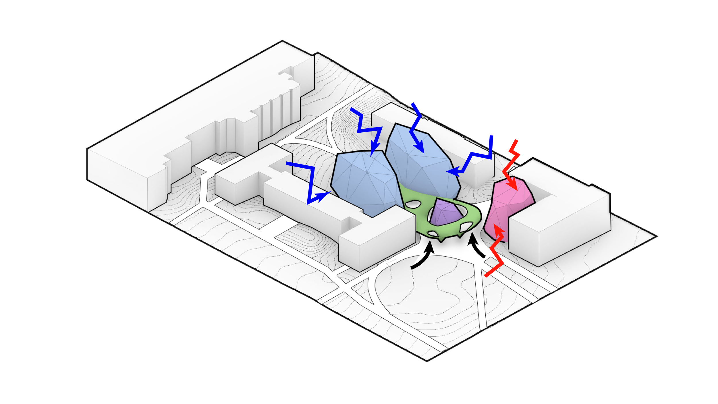 The buildings are crumpled to crystalline forms. We preserve the greenspace by lifting up the ground to allow for sheltered passage and to channel or block sounds.