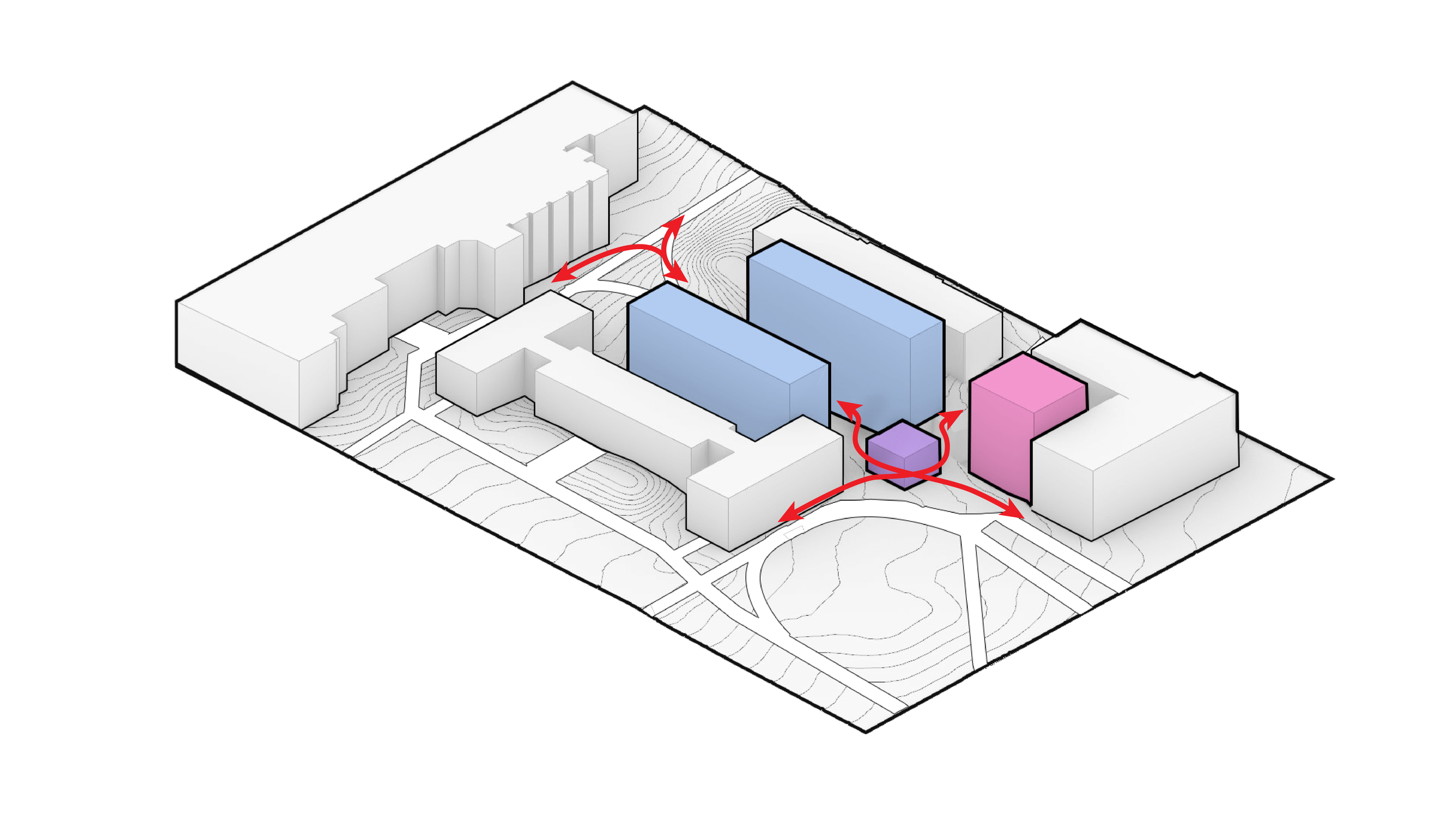 We proposed to break up the blocks into three distinct volumes to allow for circulation.