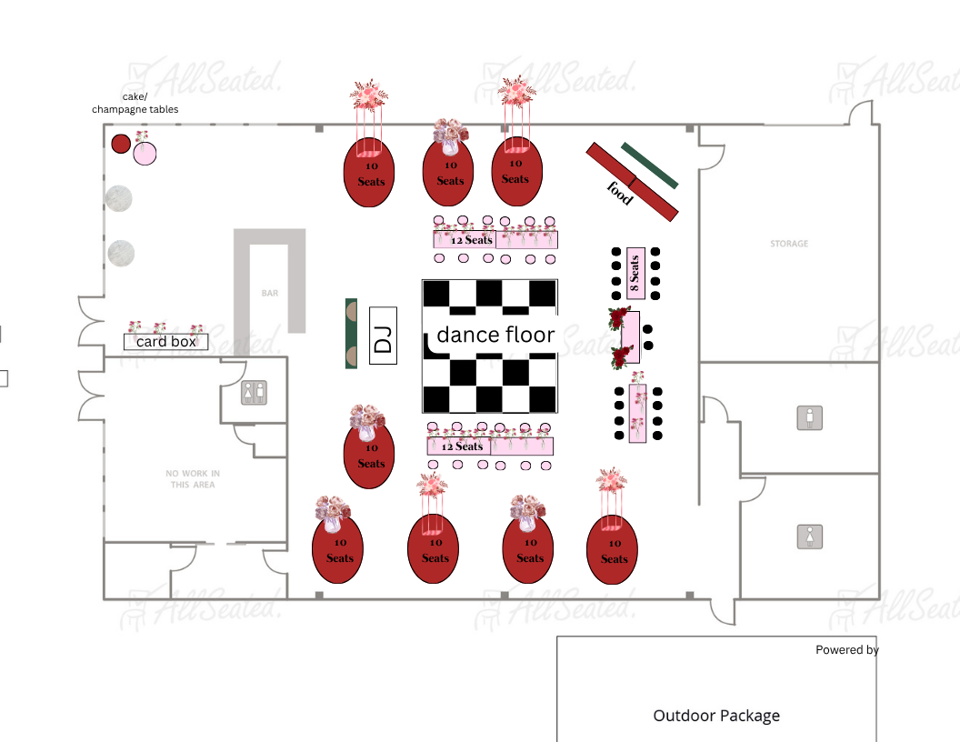 Floor plan of a restaurant or event space with a dance floor, multiple round tables with chairs, a bar area, food and DJ stations, and restrooms.