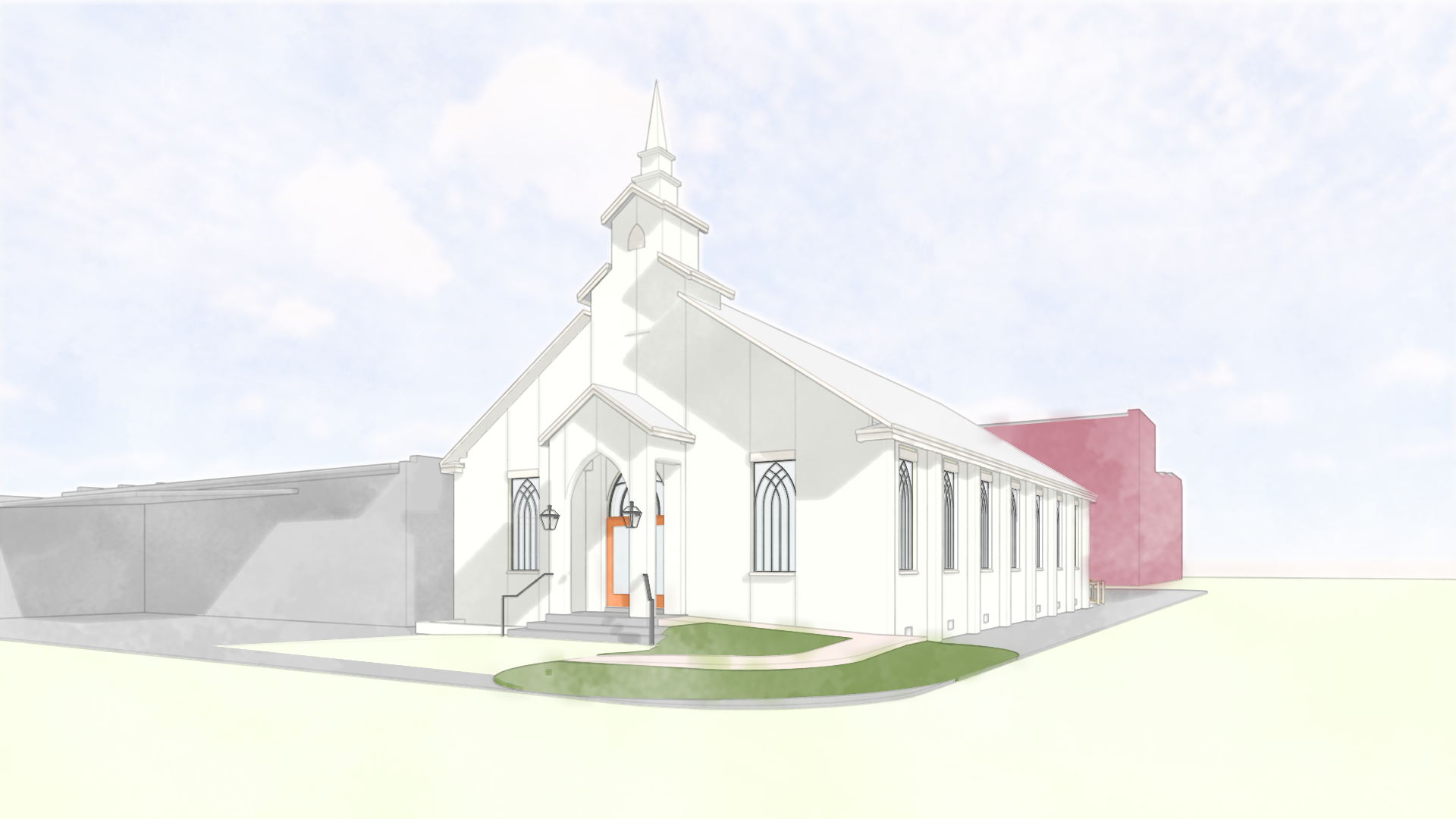 A modern white church with a steeple, tall arched windows, and a small set of stairs at the entrance, situated on a lawn with a sidewalk in front, with a pink building in the background under a partly cloudy sky.