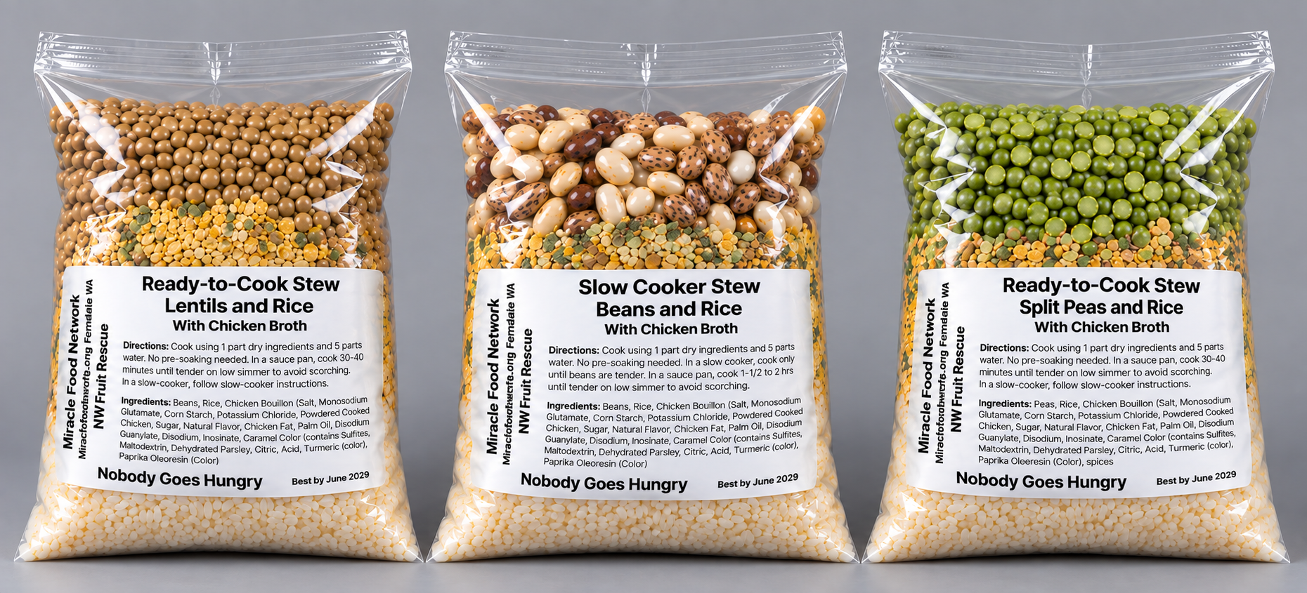 Three packages of Nobody Goes Hungry shelf-stable dry stew mixes.