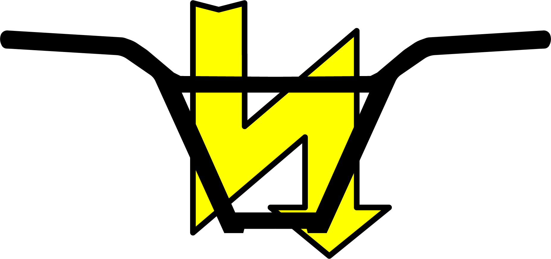 Yellow stylized arrow with bicycle handlebars above, black outline.