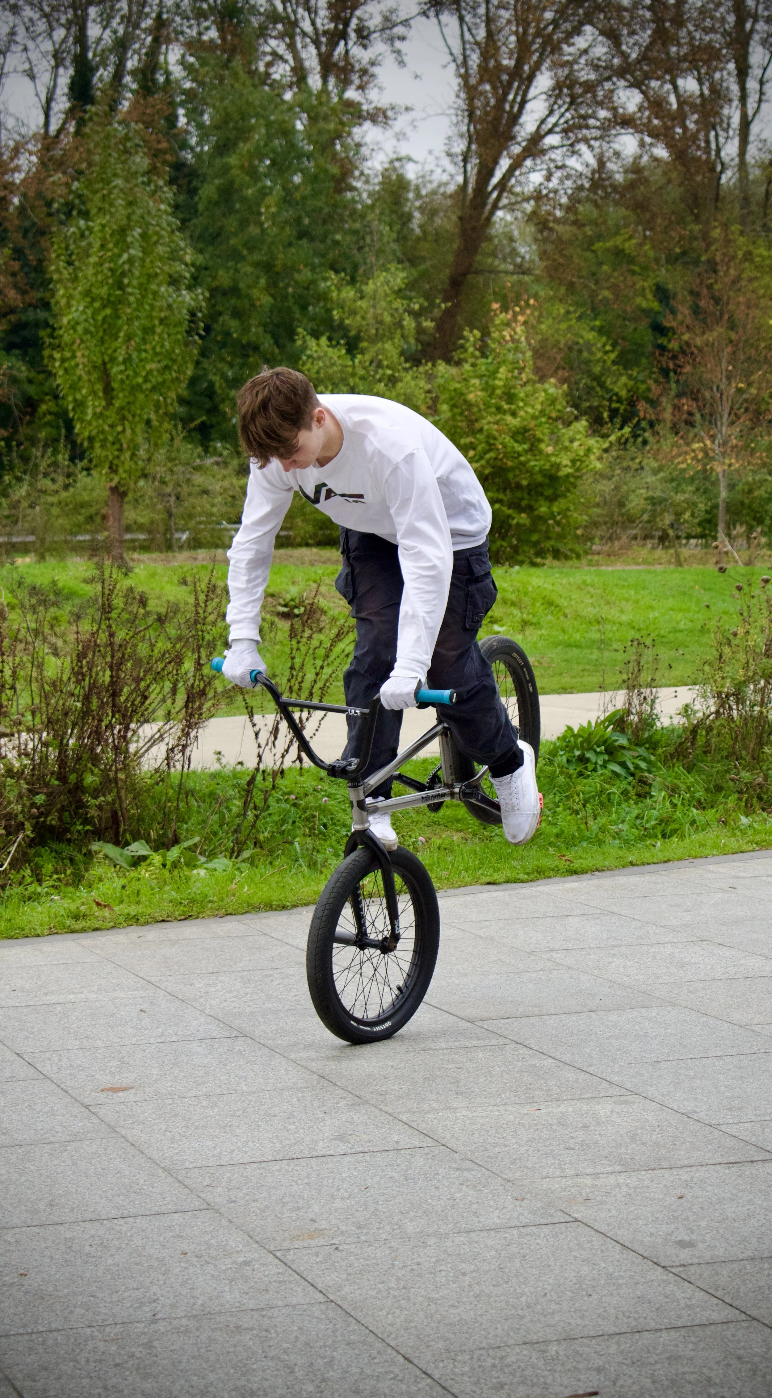Person performing a BMX trick on a bike in a park.