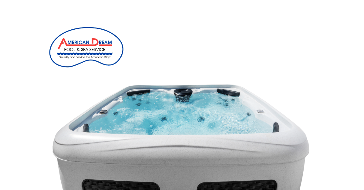hot bubbling spa with American Dream Pool and Spa Service Logo to the upper left