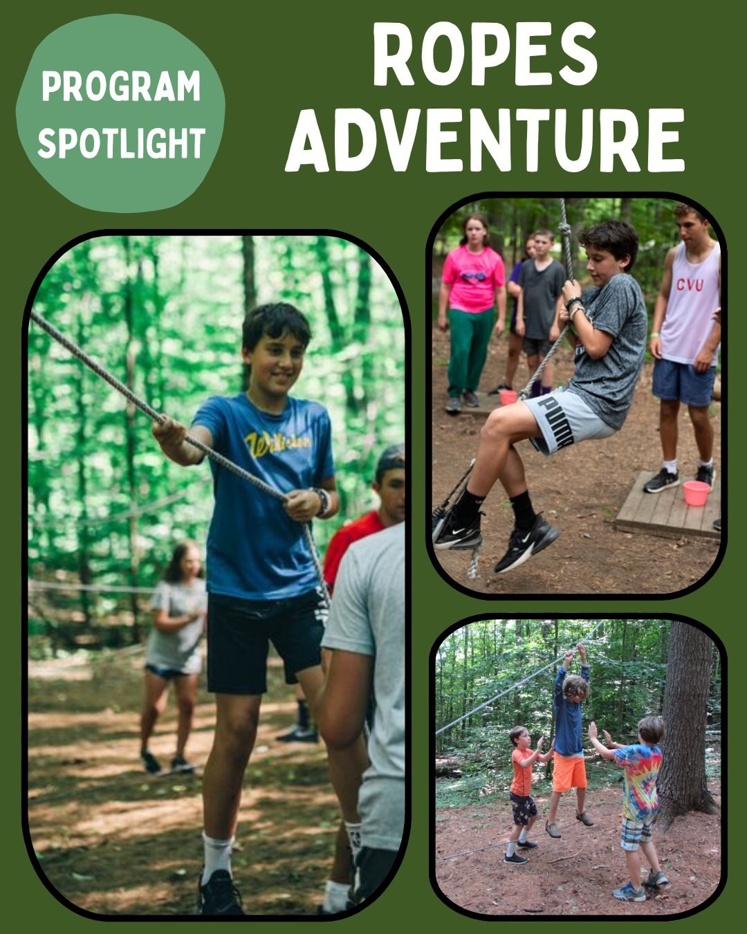 ποΈ Camp Downer Program Spotlight: Ropes Adventure!
Looking for a challenge that builds confidence, trust, and team spirit? Then Ropes Adventure is the program for you!
In this exciting program, campers take on our six low ropes elements—inclu