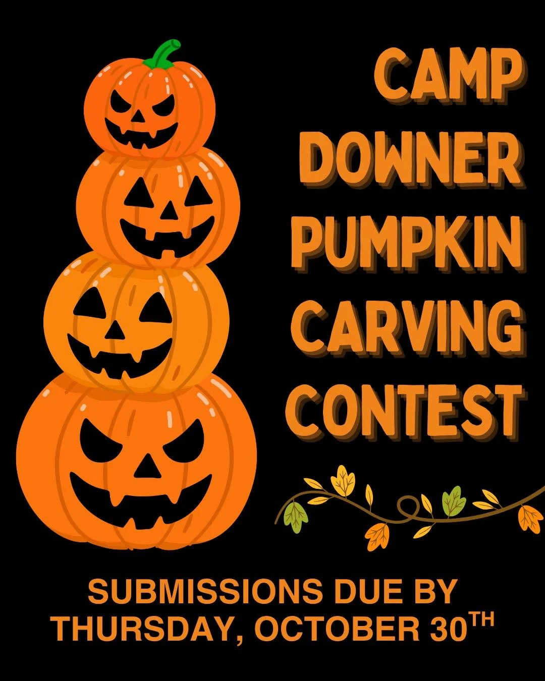 π Hey Downer friends! π
As the weekend approaches, it’s the perfect time to grab a pumpkin and get carving!
Carve up your best Camp Downer–themed pumpkin and email it to director@campdowner.com by Thursday, October 30 at 11:59 pm EST w