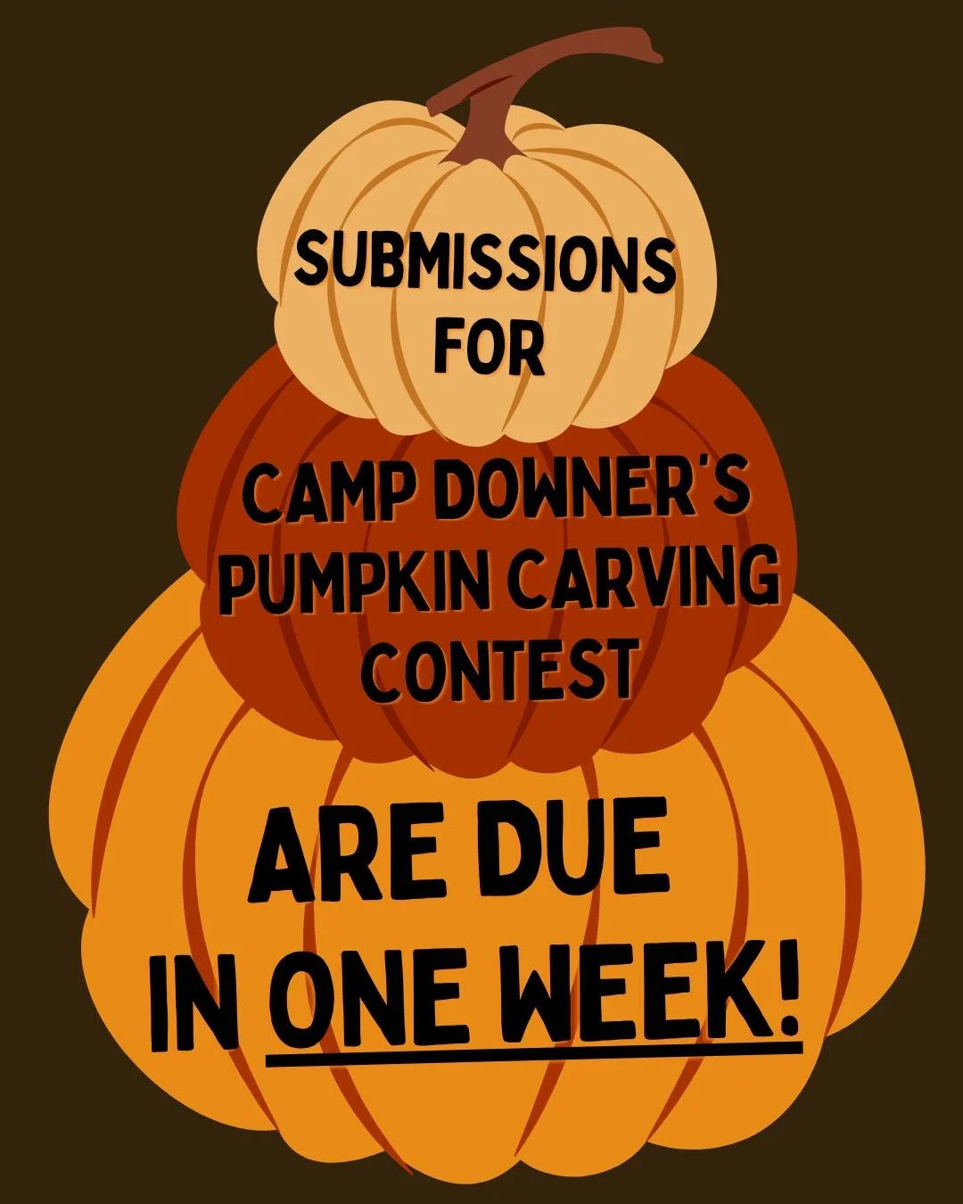 There’s still time to join the Camp Downer Pumpkin Carving Contest–but hurry, submissions are due in just ONE WEEK! π
Carve up your best Camp Downer–themed pumpkin and email it to director@campdowner.com by Thursday, October 30 at